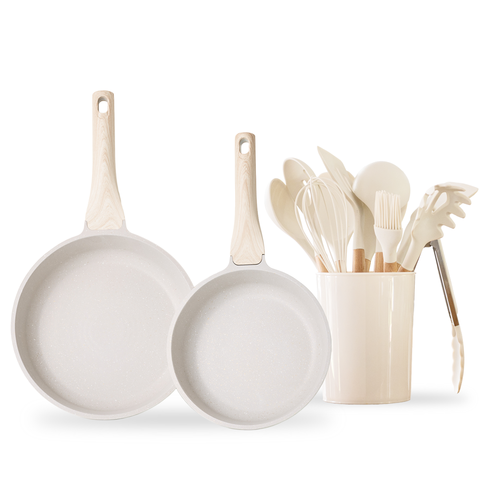 Kit - Juego de 14 Piezas - Sartén de 20 cm y Sartén de 24 cm Antiadherente de Granito Beige y 11 Utensilios de Cocina de Silicona y Madera con Cubeta de Almacenamiento