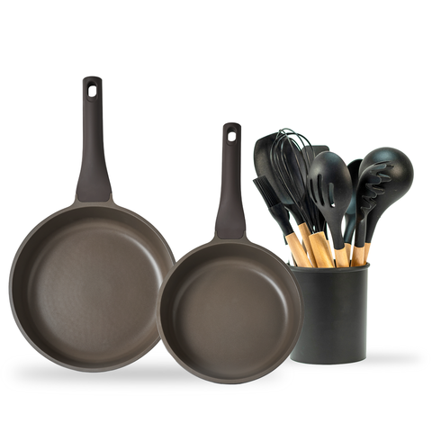 Kit - Juego de 14 Piezas - Sartén de 20 cm y Sartén de 24 cm Antiadherente y 11 Utensilios de Cocina de Silicona y Madera con Cubeta de Almacenamiento