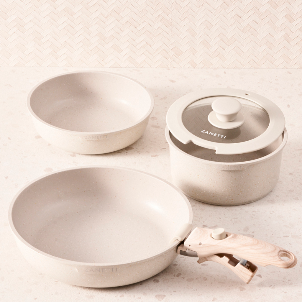 Juego de 5 Piezas - 2 sartenes, 1 olla con recubrimiento antiadherente de granito con tapa y 1 mango extraíble - Tecnología Italiana - 100% libre de PFOA