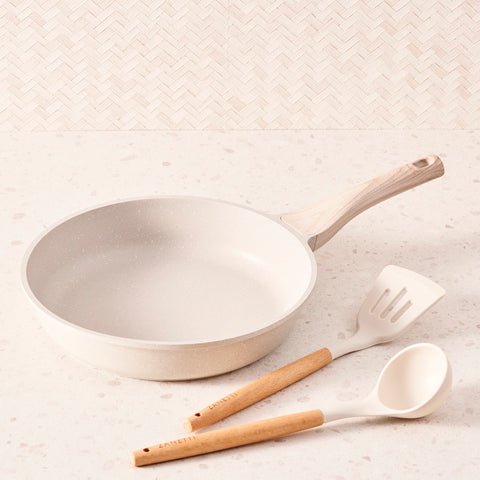 Sartén de 28 cm Antiadherente de Granito Gris - Tecnologia Italiana - 100% libre de PFOA - Incluye 2 Utensilios de Bambú