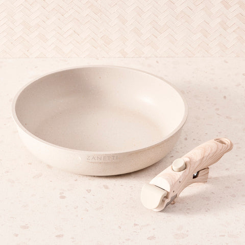 Sartén de 26 cm Antiadherente de Granito Gris con Mango Removible- Tecnologia Italiana - 100% libre de PFOA