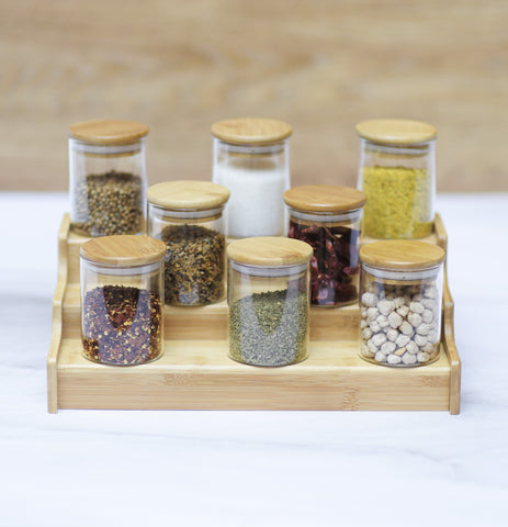 Pack - Juego de Recipientes Herméticos de Cristal con Tapa de Madera de Bambú + Organizador de Alacena Expandible 100% Bambú (8 contenedores + estante)