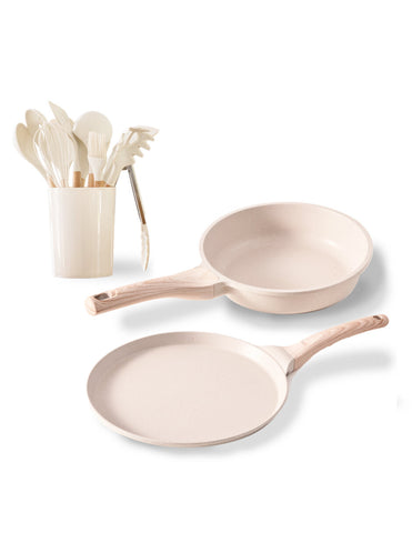 Kit - Juego de 14 Piezas - Sartén de 20 cm y Comal de 28 cm Antiadherente de Granito Beige y 11 Utensilios de Cocina de Silicona y Madera con Cubeta de Almacenamiento