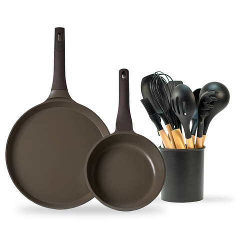 Kit - Juego de 14 Piezas - Sartén de 20 cm y Comal de 28 cm Antiadherente y 11 Utensilios de Cocina de Silicona y Madera con Cubeta de Almacenamiento