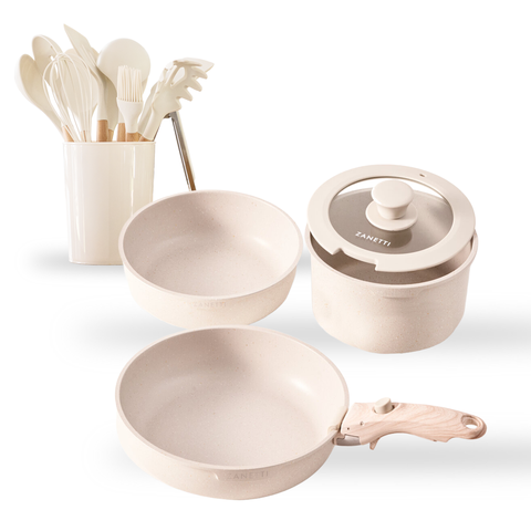 Kit - Juego de 19 Piezas - 2 sartenes, 1 olla con recubrimiento antiadherente con tapa y 1 mango extraíble y 11 Utensilios de Cocina de Silicona y Madera con Cubeta de Almacenamiento (Copia)