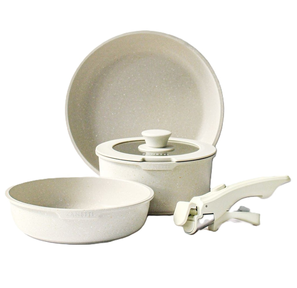 Juego de 5 Piezas - 2 sartenes, 1 olla con recubrimiento antiadherente de granito beige con tapa y 1 mango extraíble - Tecnología Italiana - 100% libre de PFOA