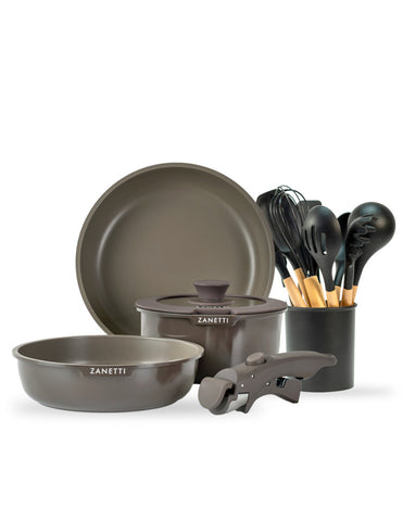 Kit - Juego de 19 Piezas - 2 sartenes, 1 olla con recubrimiento antiadherente de granito gris oscuro con tapa y 1 mango extraíble y 11 Utensilios de Cocina de Silicona y Madera con Cubeta de Almacenamiento