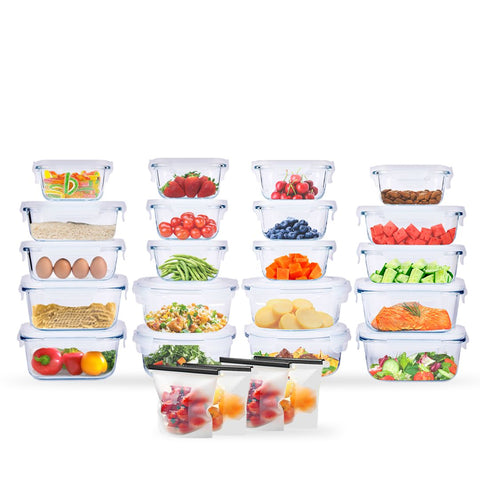 Juego de 24 piezas - 20 Contenedores Herméticos de Vidrio para Alimentos y Tapa con Válvula para Liberación de Vapor y 4 bolsas silicona para almacenamiento de alimentos