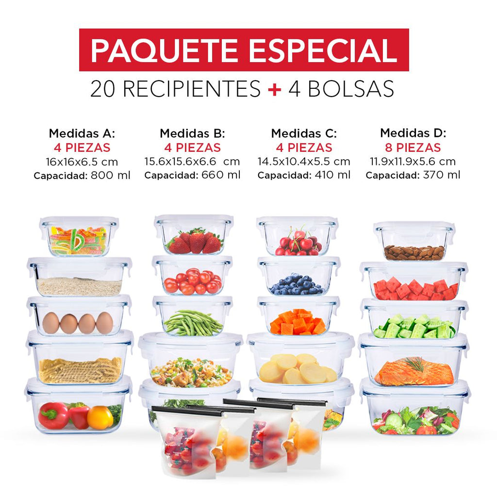 Juego de 24 piezas - 20 Contenedores Herméticos de Vidrio para Alimentos y Tapa con Válvula para Liberación de Vapor y 4 bolsas silicona para almacenamiento de alimentos