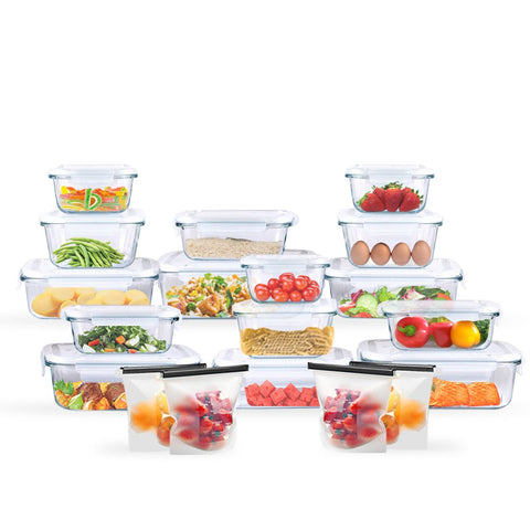Juego de 19 piezas - 15 Contenedores Herméticos de Vidrio para Alimentos y Tapa con Válvula para Liberación de Vapor y 4 bolsas silicona para almacenamiento de alimentos