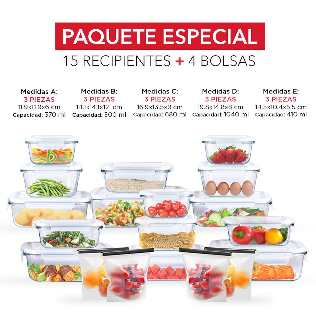 Juego de 19 piezas - 15 Contenedores Herméticos de Vidrio para Alimentos y Tapa con Válvula para Liberación de Vapor y 4 bolsas silicona para almacenamiento de alimentos