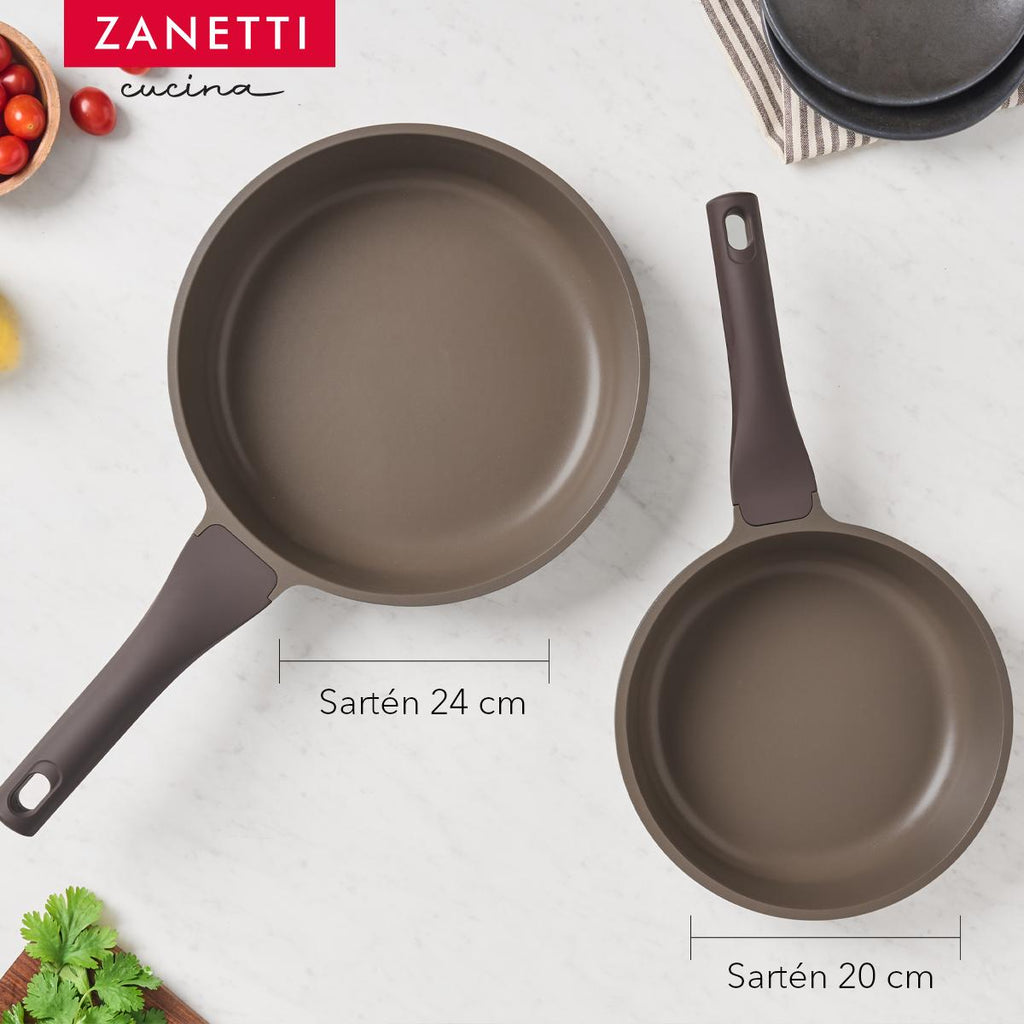 Kit - Juego de 14 Piezas - Sartén de 20 cm y Sartén de 24 cm Antiadherente y 11 Utensilios de Cocina de Silicona y Madera con Cubeta de Almacenamiento