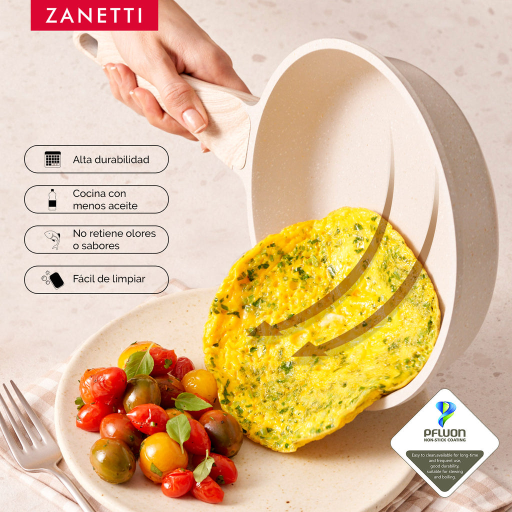 Kit - Juego de 14 Piezas - Sartén de 20 cm y Sartén de 24 cm Antiadherente de Granito Beige y 11 Utensilios de Cocina de Silicona y Madera con Cubeta de Almacenamiento