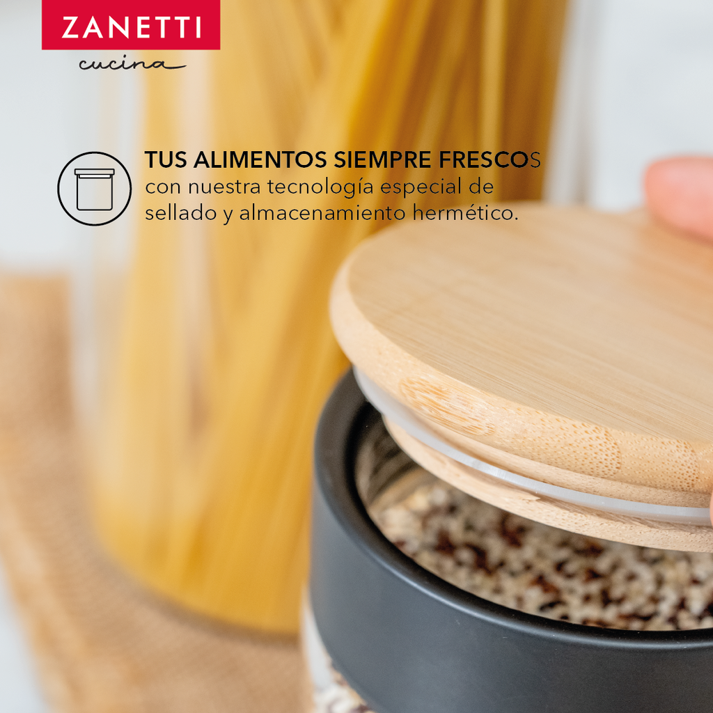 Juego de 3 Recipientes Herméticos de Cristal con Tapa de Madera de Bambú para Almacenamiento de Alimentos con Superficie Negra para Identificar Contenido - Incluye Plumón Blanco