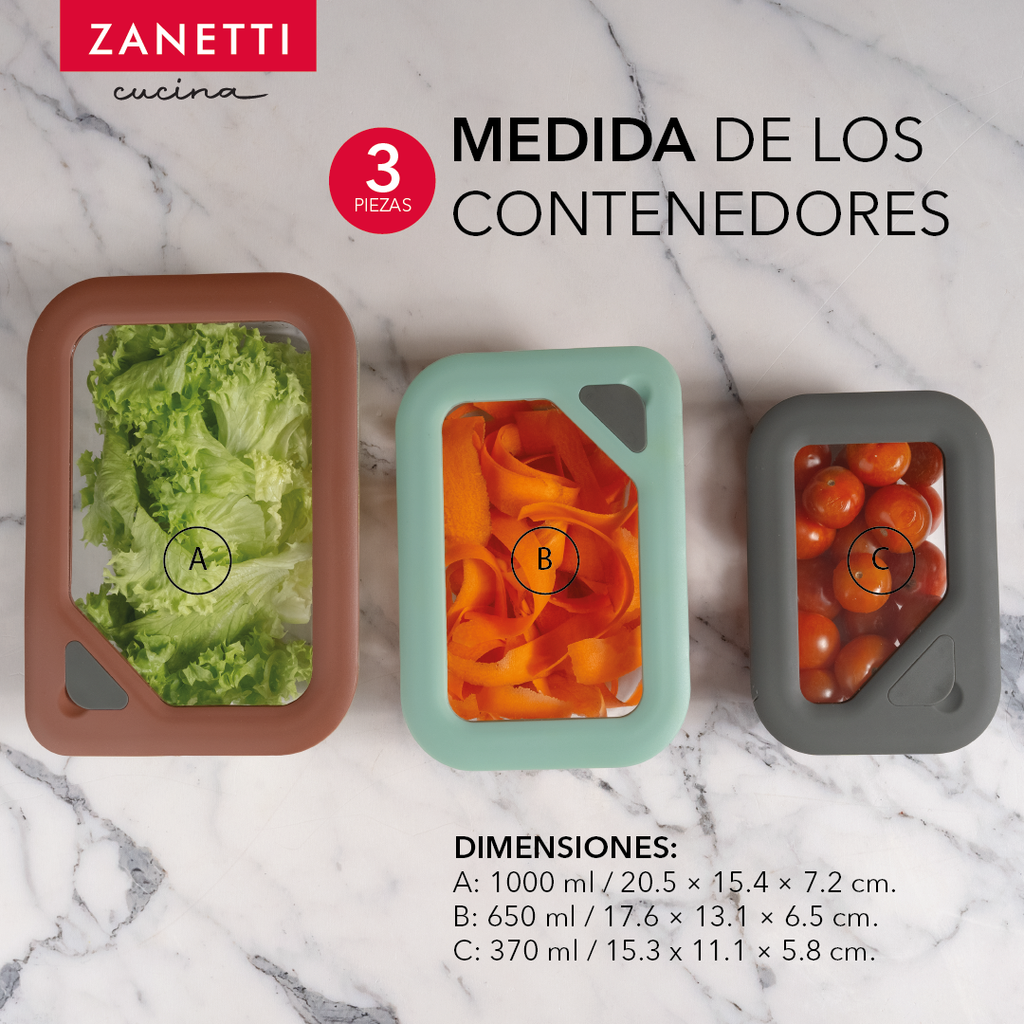 3 Contenedores Herméticos de Vidrio Extra Grueso Con Tapa - 3 Diferentes Colores