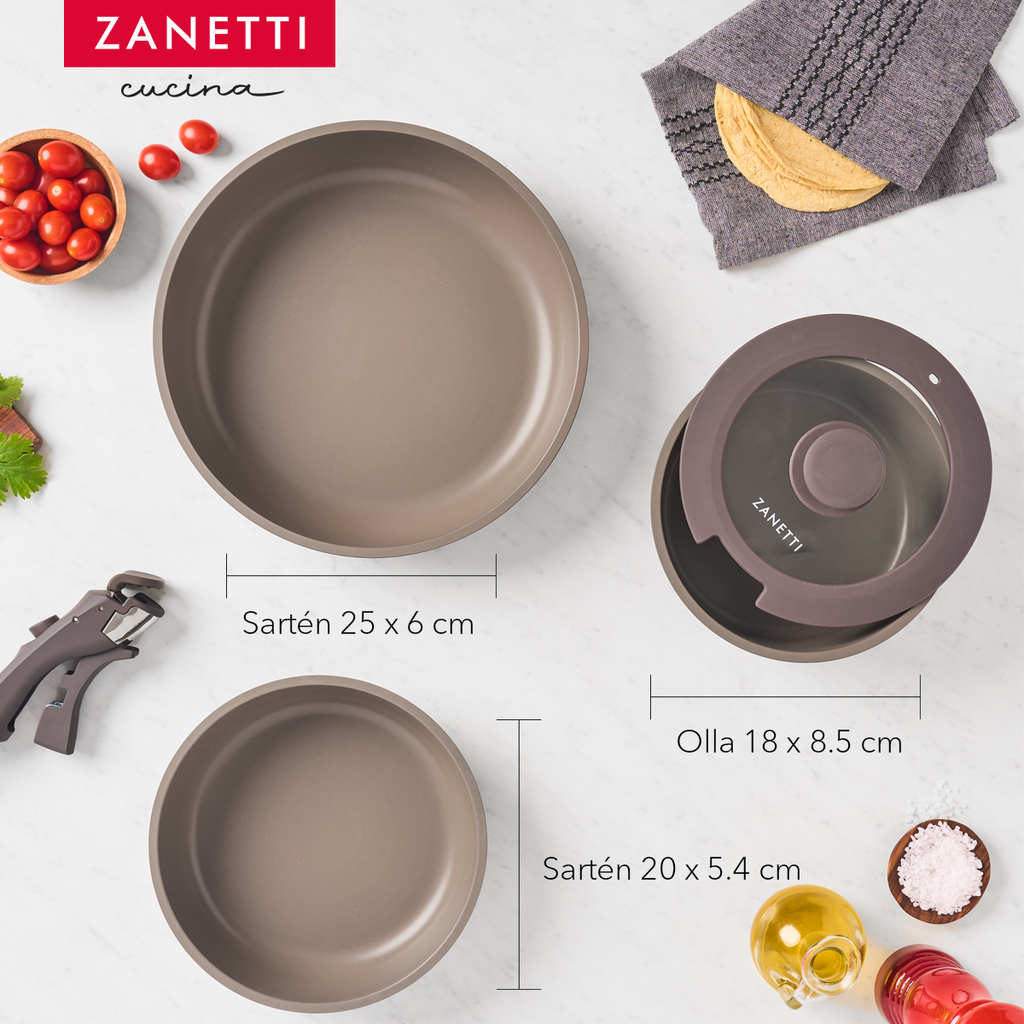 Juego de 5 Piezas - 2 sartenes, 1 olla con recubrimiento antiadherente de granito gris oscuro con tapa y 1 mango extraíble - Tecnología Italiana - 100% libre de PFOA