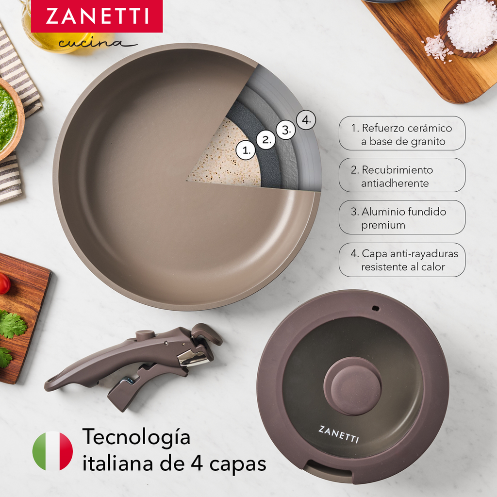 Juego de 5 Piezas - 2 sartenes, 1 olla con recubrimiento antiadherente de granito gris oscuro con tapa y 1 mango extraíble - Tecnología Italiana - 100% libre de PFOA