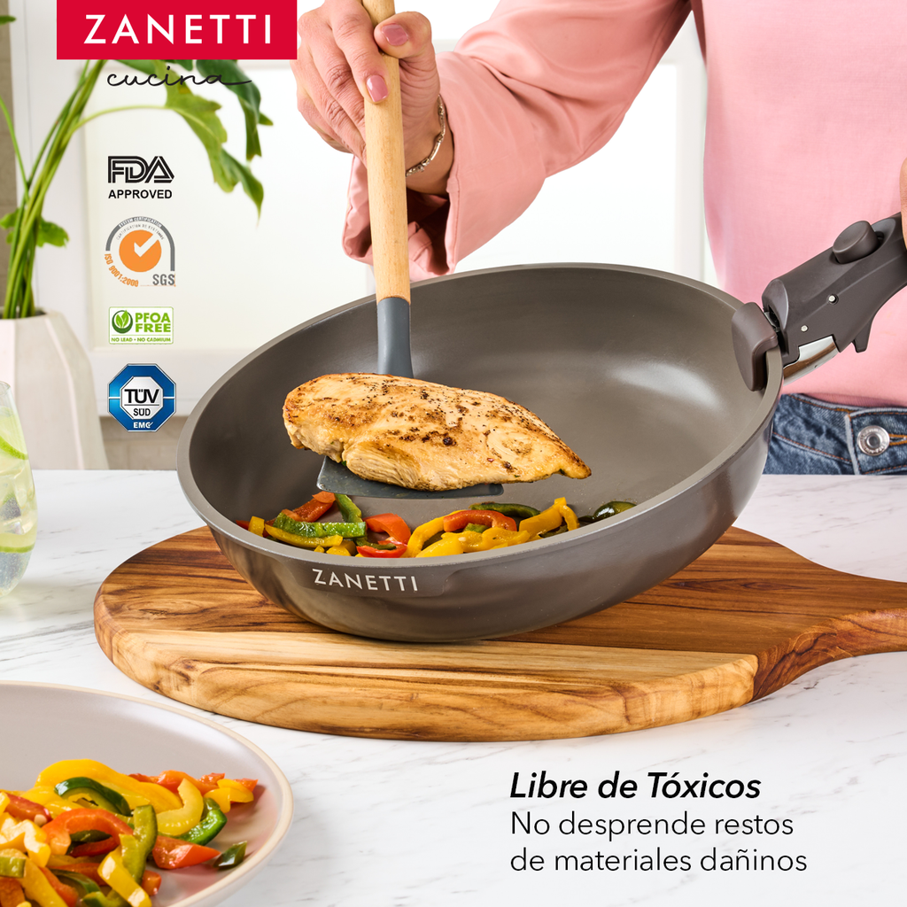 Juego de 5 Piezas - 2 sartenes, 1 olla con recubrimiento antiadherente de granito gris oscuro con tapa y 1 mango extraíble - Tecnología Italiana - 100% libre de PFOA
