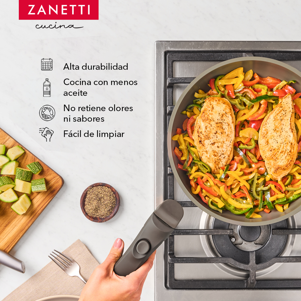 Juego de 5 Piezas - 2 sartenes, 1 olla con recubrimiento antiadherente de granito gris oscuro con tapa y 1 mango extraíble - Tecnología Italiana - 100% libre de PFOA