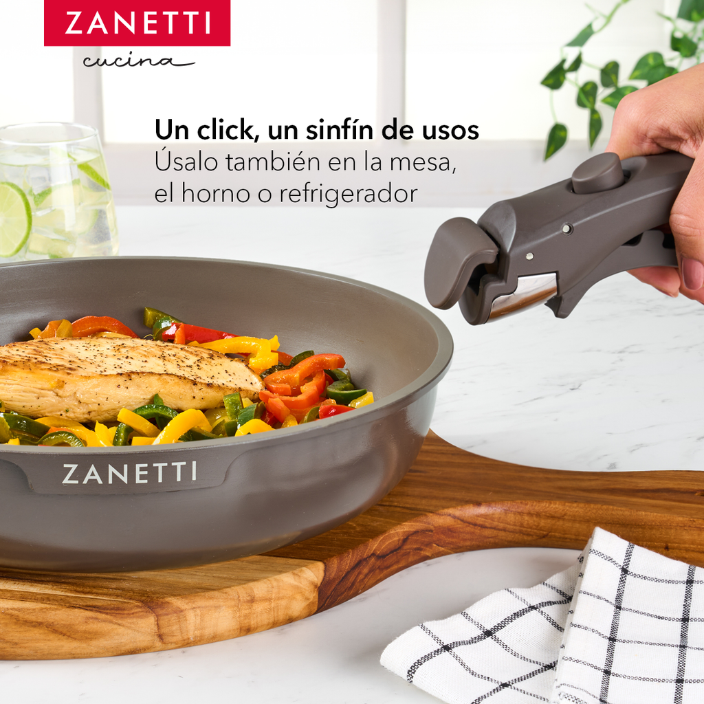 Juego de 5 Piezas - 2 sartenes, 1 olla con recubrimiento antiadherente de granito gris oscuro con tapa y 1 mango extraíble - Tecnología Italiana - 100% libre de PFOA