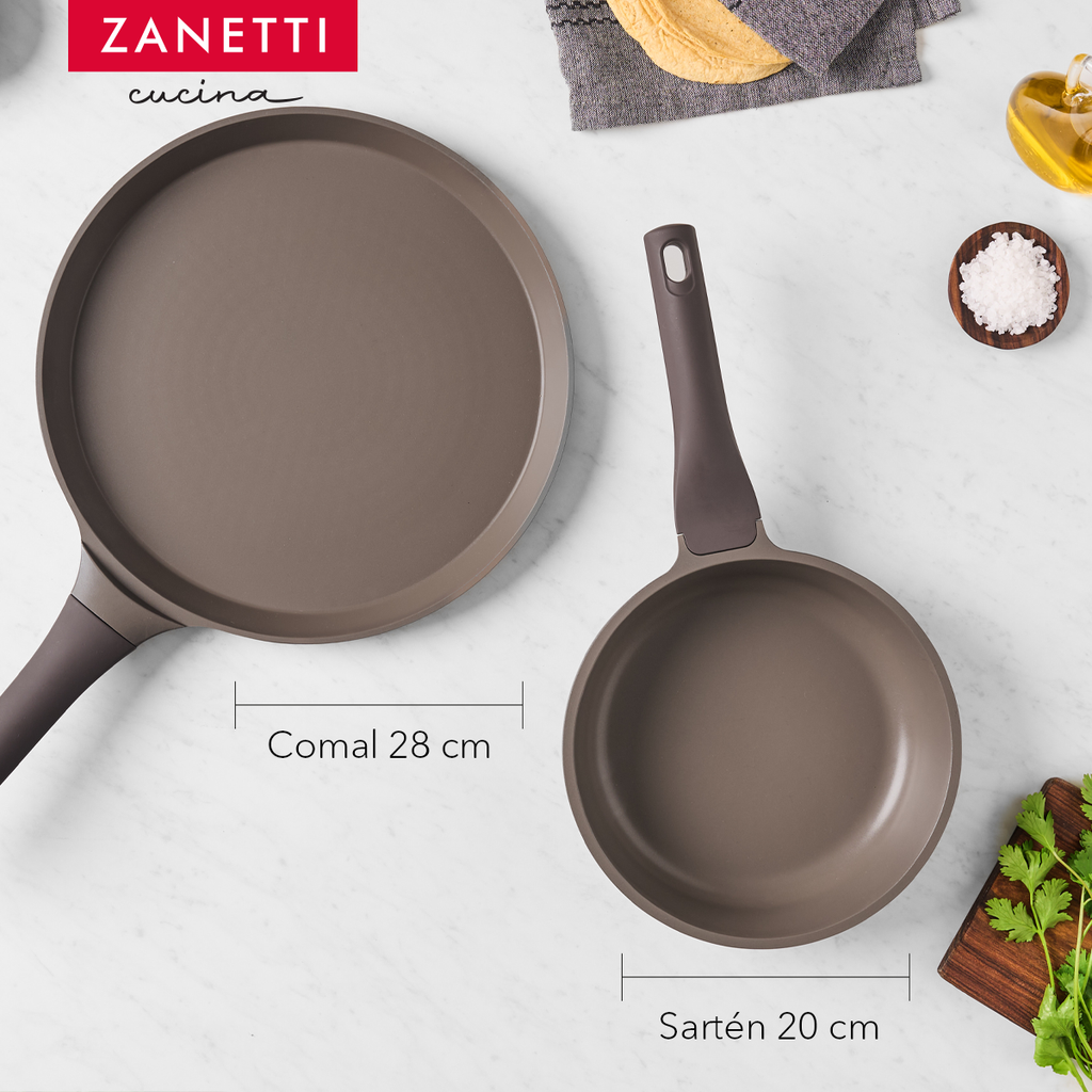 Kit - Juego de 14 Piezas - Sartén de 20 cm y Comal de 28 cm Antiadherente de Granito Gris y 11 Utensilios de Cocina de Silicona y Madera con Cubeta de Almacenamiento