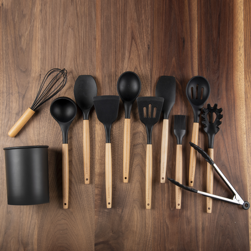 Juego de 11 Utensilios de Cocina con Cubeta de Almacenamiento - Negro