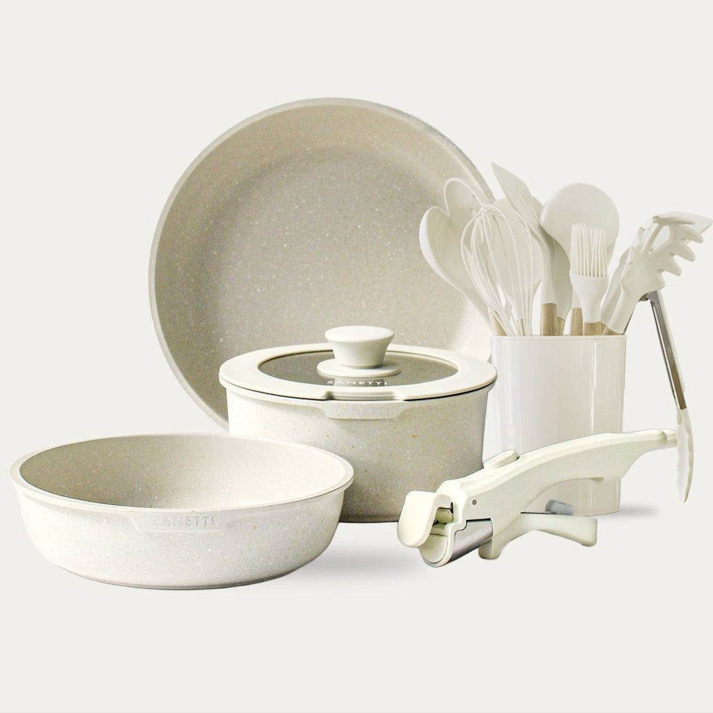 Kit - Juego de 19 Piezas - 2 sartenes, 1 olla con recubrimiento antiadherente con tapa y 1 mango extraíble y 11 Utensilios de Cocina de Silicona y Madera con Cubeta de Almacenamiento (Copia)