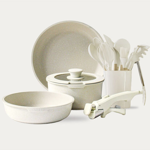 Kit - Juego de 19 Piezas - 2 sartenes, 1 olla con recubrimiento antiadherente con tapa y 1 mango extraíble y 11 Utensilios de Cocina de Silicona y Madera con Cubeta de Almacenamiento (Copia)
