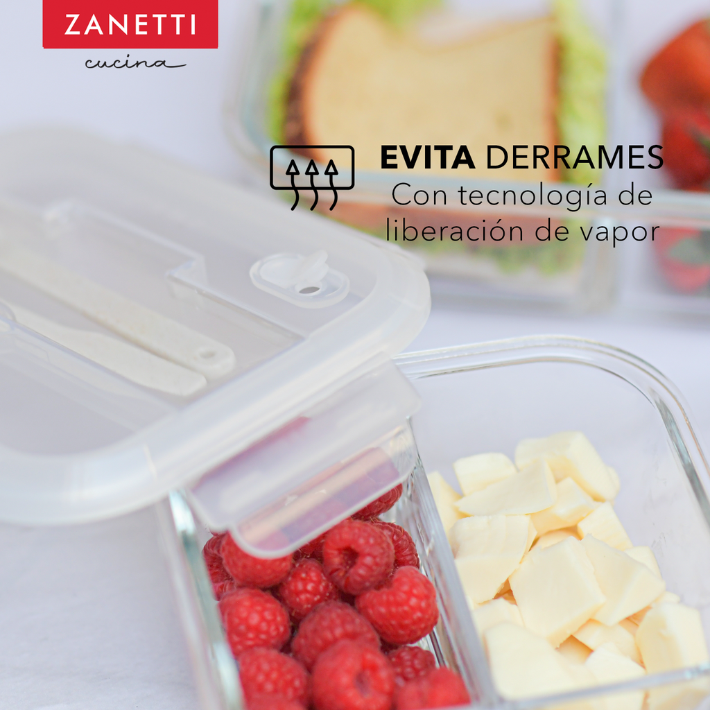 Zanetti - 3 Recipientes Cristal con Divisiones con Válvula de Liberación de Vapor - REGALO EXTRA: 2 bolsas de silicón